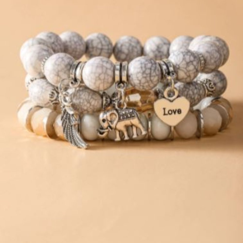 3 Piece Elephant Heart Charm Beaded Bracelet